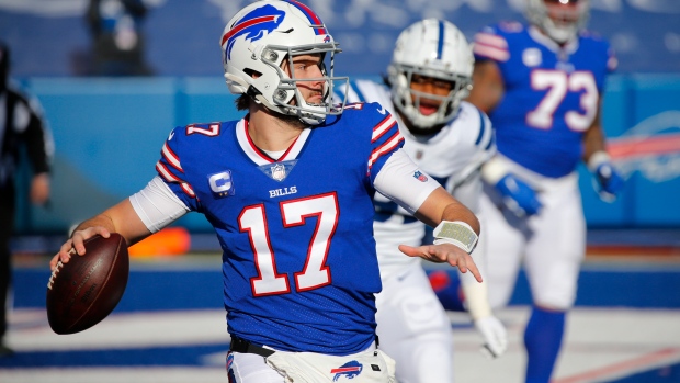 Buffalo Bills QB Josh Allen attempts a pass against the Indianopolis Colts