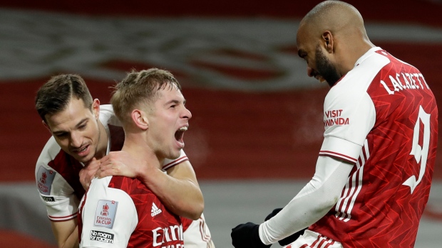 Emile Smith Rowe Arsenal players celebrate, The Canadian Press Emile Smith Rowe Arsenal players celebrate