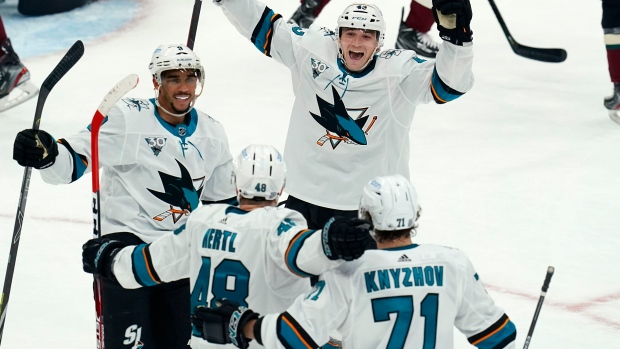 San Jose Sharks celebrate, The Canadian Press San Jose Sharks celebrate