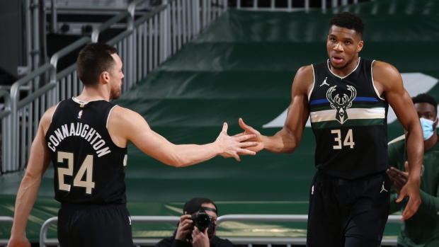 Giannis Antetokounmpo Pat Connaughton, Gary Dineen/NBAE via Getty Images Giannis Antetokounmpo Pat Connaughton