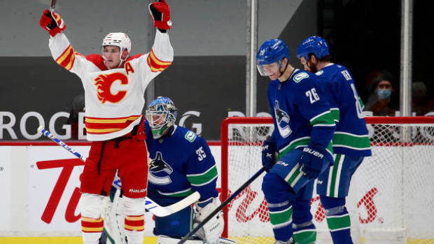 Matthew Tkachuk celebrates vs. Vancouver Canucks