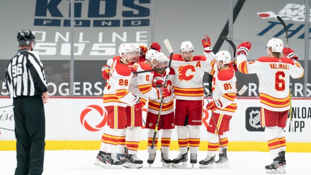 Calgary Flames celebrate, The Canadian Press Calgary Flames celebrate