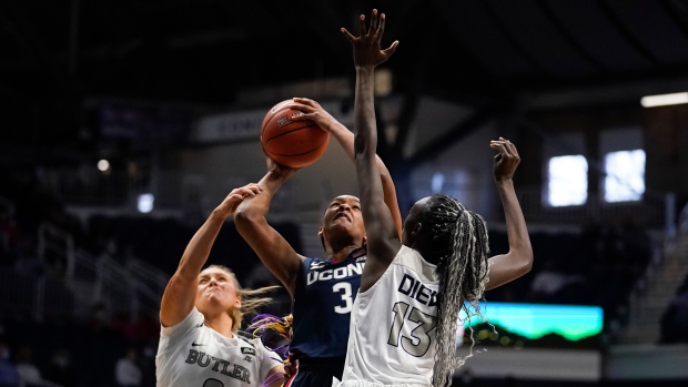 Aaliyah Edwards (3) is fouled as she shoots in game versus Butler