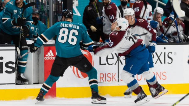 Joachim Blichfeld hits Nathan MacKinnon, Getty Images Joachim Blichfeld hits Nathan MacKinnon