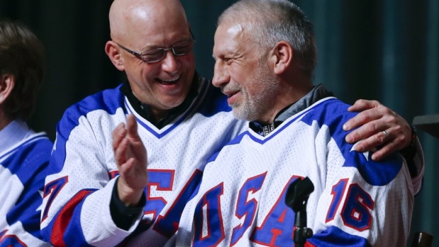 Jack O'Callahan, left, and Mark Pavelich 