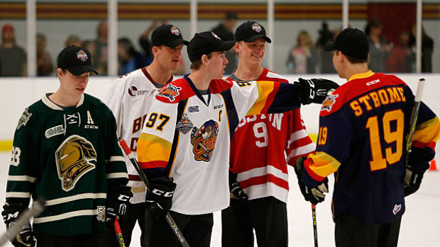 Mitch Marner, Noah Hanafin, Connor McDavid, Jack Eichel and Dylan Strome ahead of 2015 Draft