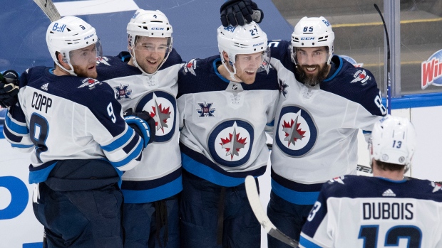 Nikolaj Ehlers, Andrew Copp, Neal Pionk, Mathieu Perreault, and Pierre-Luc Dubois