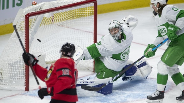 Drake Batherson, Frederik Andersen, The Canadian Press Drake Batherson, Frederik Andersen