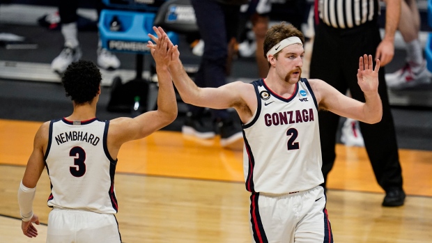 Gonzaga forward Drew Timme (2) celebrates with guard Andrew Nembhard (3)