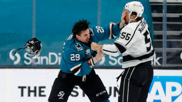 Kurtis Gabriel of the San Jose Sharks fights with Kurtis MacDermid , Getty Images Kurtis Gabriel of the San Jose Sharks fights with Kurtis MacDermid