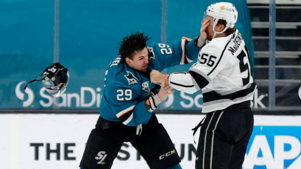 Kurtis Gabriel of the San Jose Sharks fights with Kurtis MacDermid 