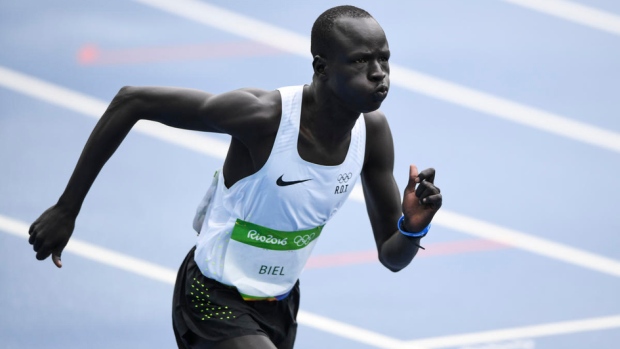 South Sudanese refugee, Yiech Pur Biel, runs the 800-metres for the Refugee Olympic Team in Rio, UNHCR/Benjamin Loyseau South Sudanese refugee, Yiech Pur Biel, runs the 800-metres for the Refugee Olympic Team in Rio