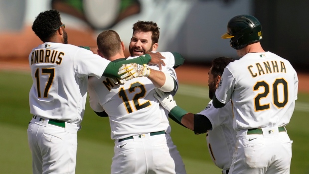 Mitch Moreland, Athletics celebrate