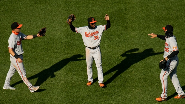 Orioles players celebrate, The Canadian Press Orioles players celebrate