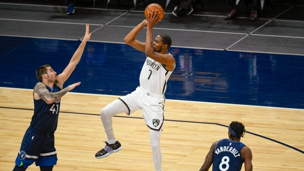 Brooklyn Nets' Kevin Durant shoots against the Minnesota Timberwolves, The Canadian Press Brooklyn Nets' Kevin Durant shoots against the Minnesota Timberwolves