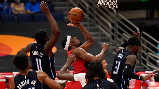 Toronto Raptors' Paul Watson Jr. shoots against the Orlando Magic