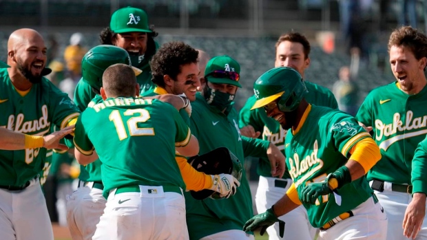Oakland Athletics celebrate , The Canadian Press Oakland Athletics celebrate