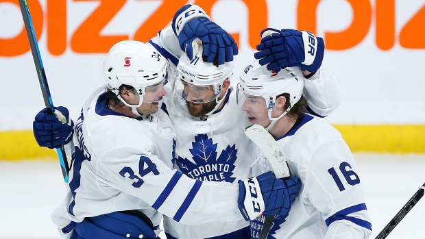 Toronto Maple Leafs' Auston Matthews, Nick Foligno and Mitchell Marner