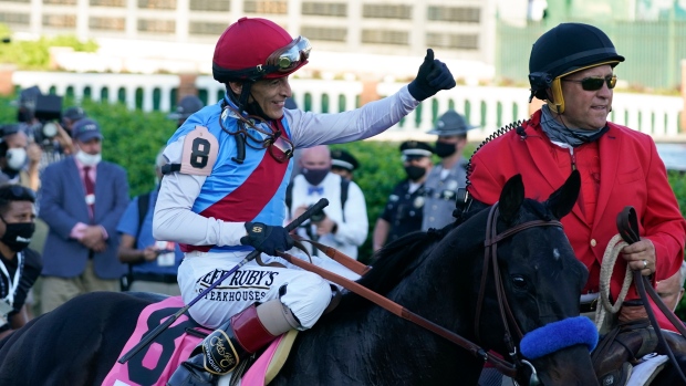 Jockey John Velazquez onboard Medina Spirit