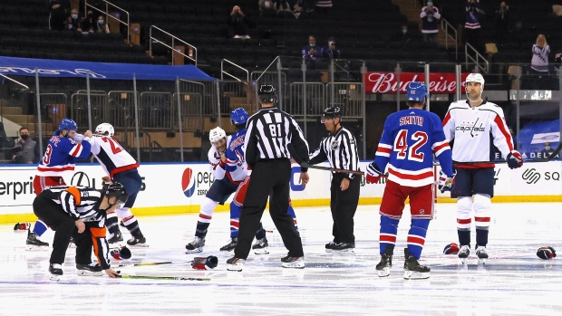 The Washington Capitals and the New York Rangers game starts with a line brawl 