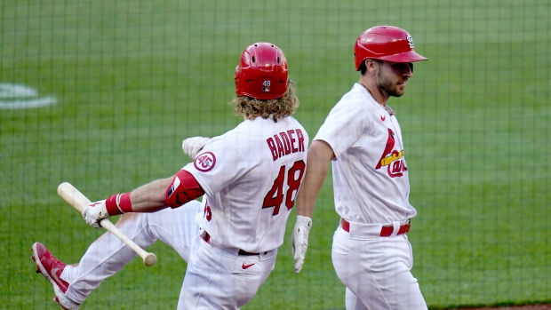 Paul DeJong, right, is congratulated by teammate Harrison Bader , The Canadian Press Paul DeJong, right, is congratulated by teammate Harrison Bader
