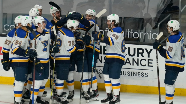 Justin Faulk, Blues celebrate, The Canadian Press Justin Faulk, Blues celebrate
