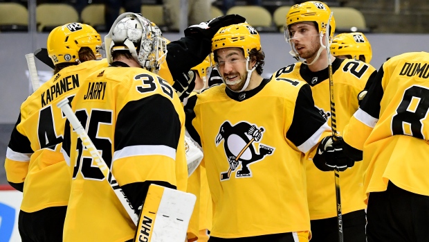 Tristan Jarry celebrates 