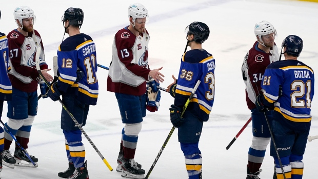 Colorado Avalanche and St. Louis Blues shake hands, The Canadian Press Colorado Avalanche and St. Louis Blues shake hands