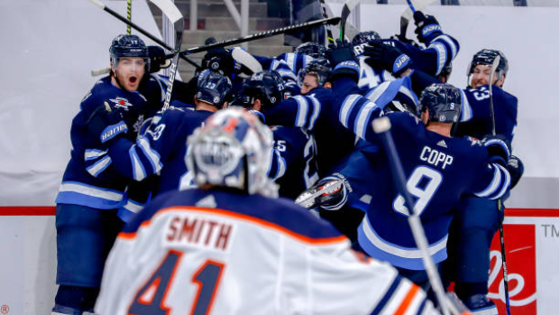 Winnipeg Jets celebrate 3OT goal, Getty Images Winnipeg Jets celebrate 3OT goal