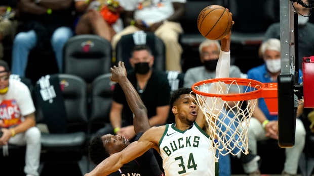 Giannis Antetokounmpo and Bam Adebayo 