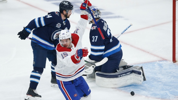 Montreal Canadiens' Jesperi Kotkaniemi celebrates against the Winnipeg Jets
