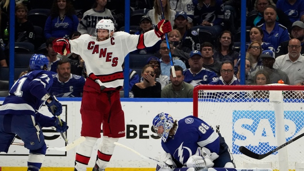Jordan Staal (11) celebrates against the Tampa Bay Lightning, The Canadian Press Jordan Staal (11) celebrates against the Tampa Bay Lightning