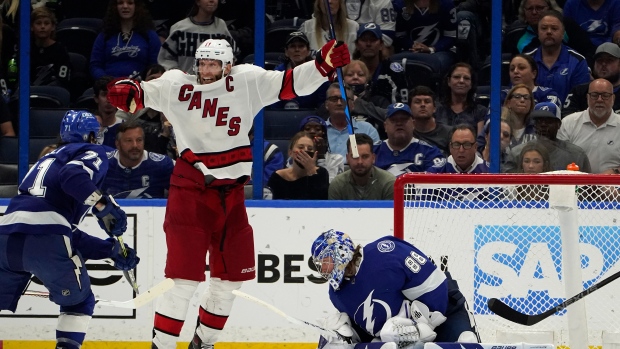 Jordan Staal (11) celebrates against the Tampa Bay Lightning