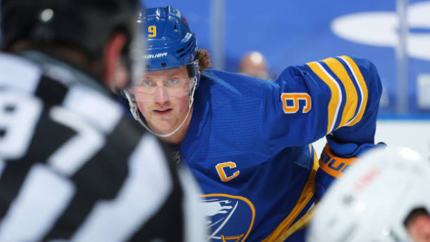 Buffalo Sabres Jack Eichel (9) wears his Hockey Fights Cancer jersey prior  to the first period of an NHL hockey game against the Ottawa Senators,  Saturday, Nov. 16, 2019, in Buffalo, N.Y. (