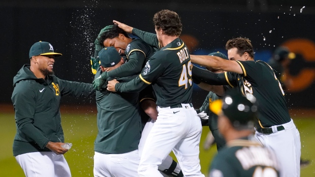 Elvis Andrus, Oakland Athletics celebrate, The Canadian Press Elvis Andrus, Oakland Athletics celebrate