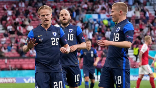 Joel Pohjanpalo (20) and Finland celebrate