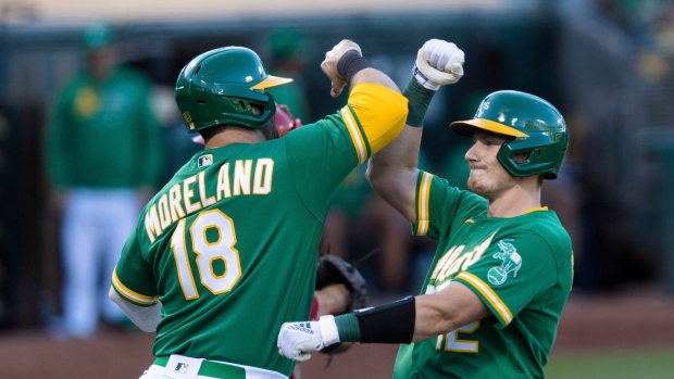 Oakland Athletics' Sean Murphy and Mitch Moreland