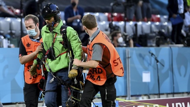 Euro 2020 Greenpeace protestor parachutes into stadium 