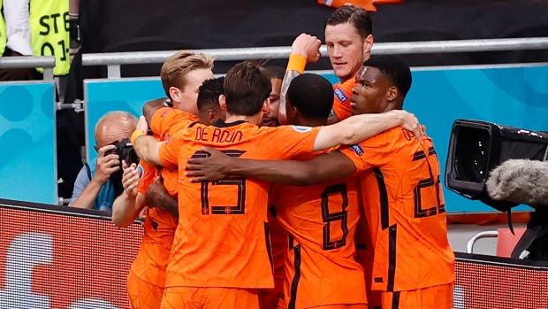 Netherlands celebrates goal by Memphis Depay