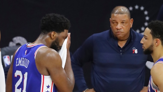 Joel Embiid, Doc Rivers, Ben Simmons, The Canadian Press Joel Embiid, Doc Rivers, Ben Simmons