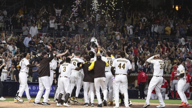 San Diego Padres celebrate, The Canadian Press San Diego Padres celebrate
