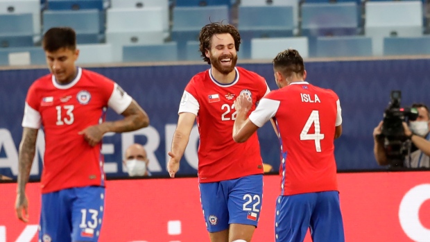 Ben Brereton, Chile celebrate, The Canadian Press Ben Brereton, Chile celebrate