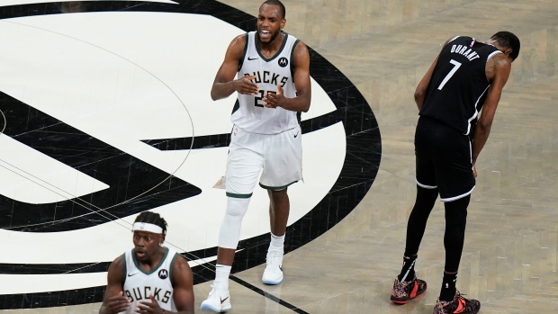  Kevin Durant, Khris Middleton and Jrue Holiday