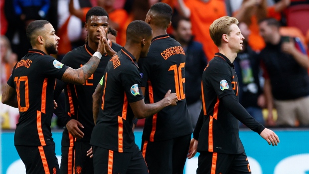 Memphis Depay Netherlands celebrates, The Canadian Press Memphis Depay Netherlands celebrates