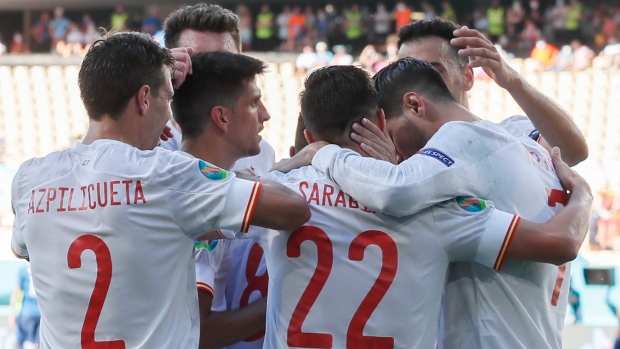 Spain's Pablo Sarabia celebrates