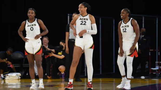 Jackie Young A'ja Wilson Chelsea Gray, Juan Ocampo/NBAE via Getty Images Jackie Young A'ja Wilson Chelsea Gray