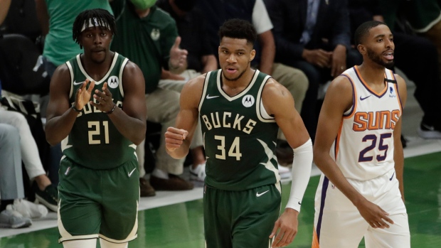 Giannis Antetokounmpo, Jrue Holiday, Mikal Bridges