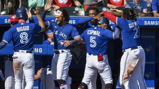 Blue Jays celebrate, The Canadian Press Blue Jays celebrate