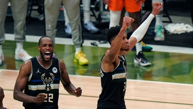 Khris Middleton Giannis Antetokounmpo celebrate, The Canadian Press Khris Middleton Giannis Antetokounmpo celebrate