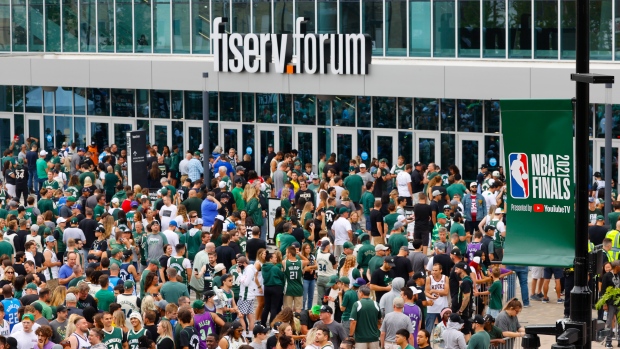 Fans outside the Fiserv Forum in Milwaukee